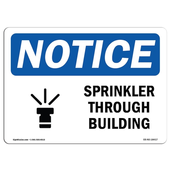 Safety Sign, OSHA Notice, 12" Height, Sprinklers Throughout Building Sign With Symbol, Landscape